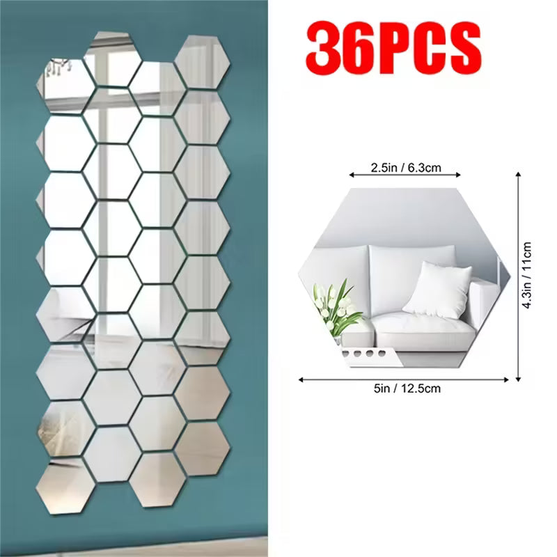 36pcs, Silvery hexagonal 3D Mirror Wall Art