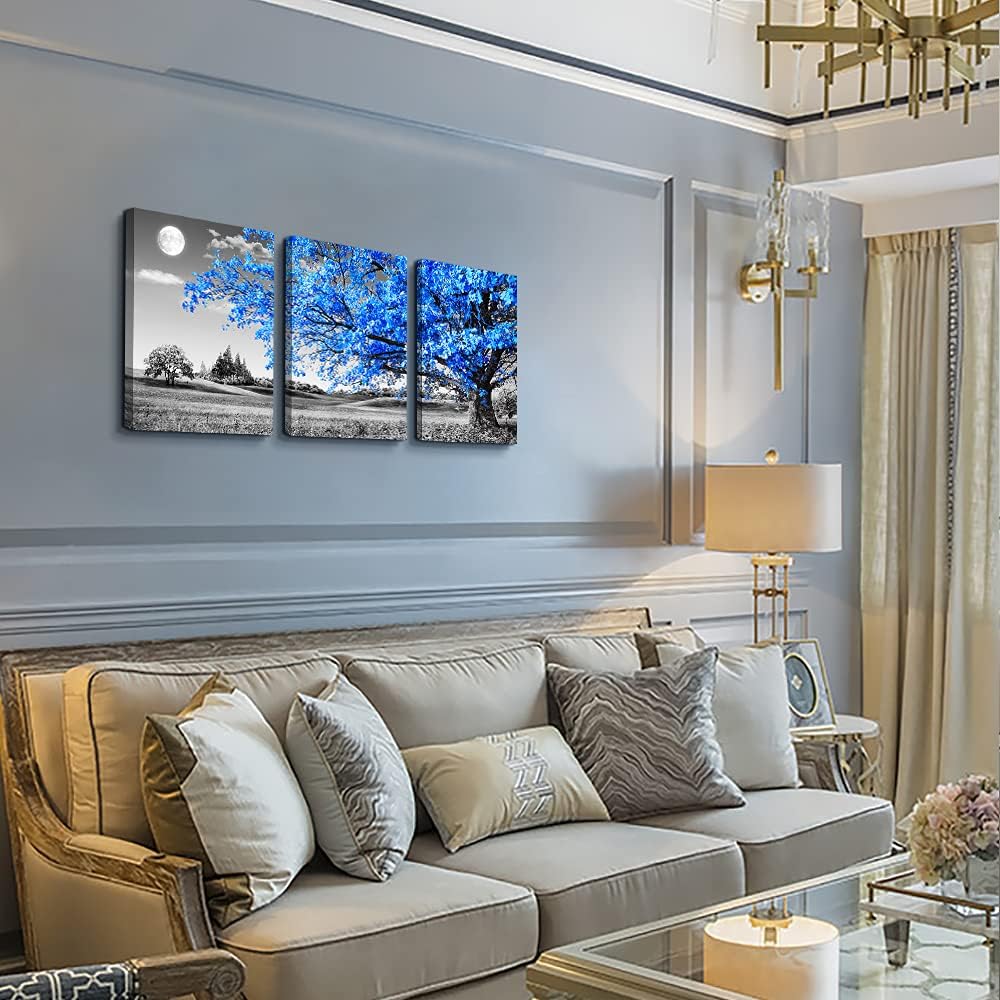Wall Art For Living Room | Black & White Blue Tree Moon Canvas 12" x 16" 3 Pieces