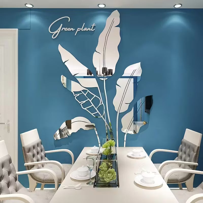 Green Leaf Acrylic Mirror Wall Stickers - 3D Banana Tree Design