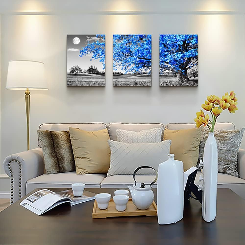 Wall Art For Living Room | Black & White Blue Tree Moon Canvas 12" x 16" 3 Pieces