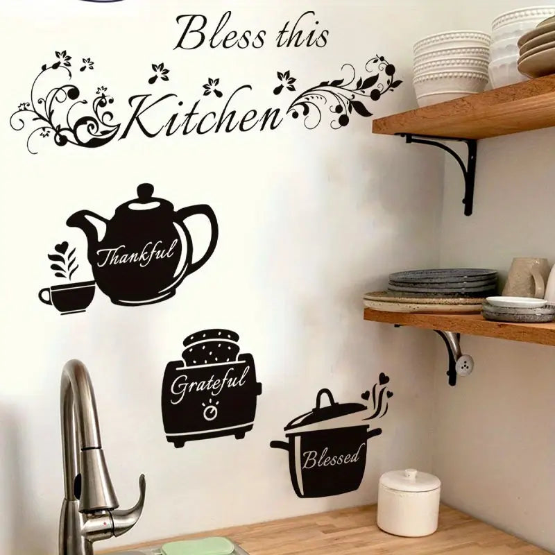 Bless This Kitchen - Cooker, Teapot - Beautiful Kitchen Wall Decal - Best For Home & Restaurant