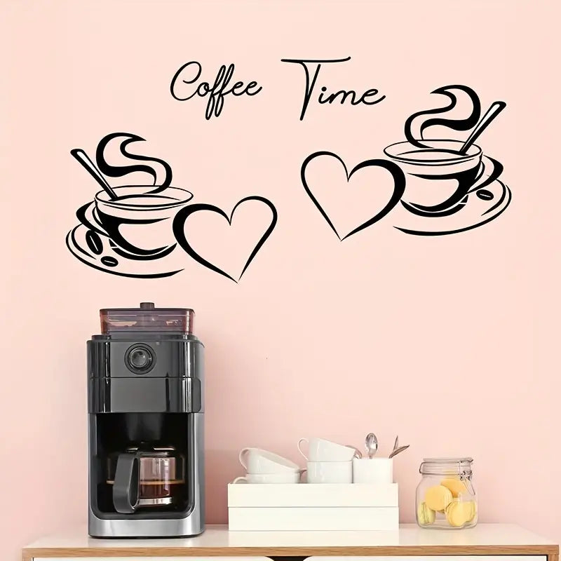 Coffee Time - Coffee Cups With Love & Heart - Kitchen Wall Decal