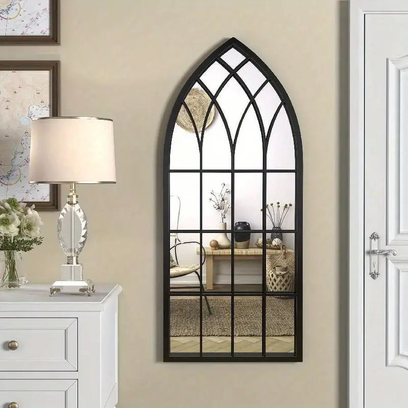 Large Gothic Black Arched Wall Mirror with Floral Wooden Signs