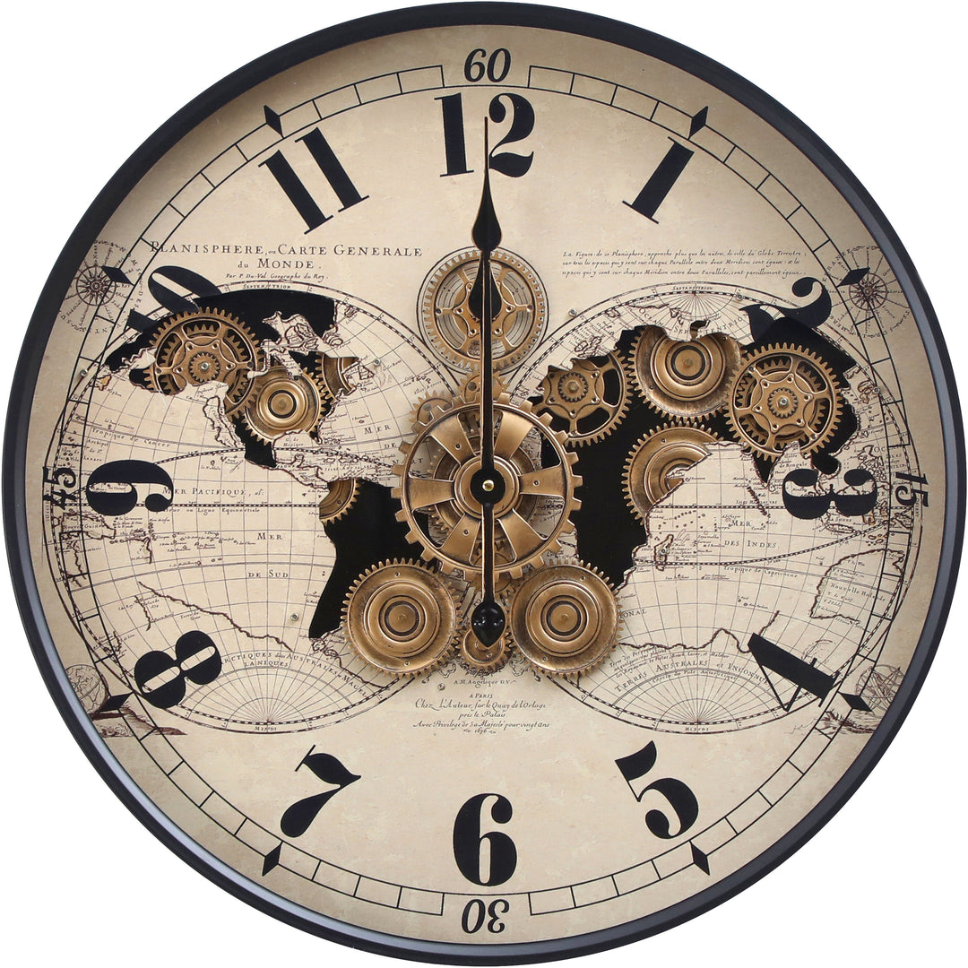 Vasco Map Industrial Metal Moving Gears Wall Clock