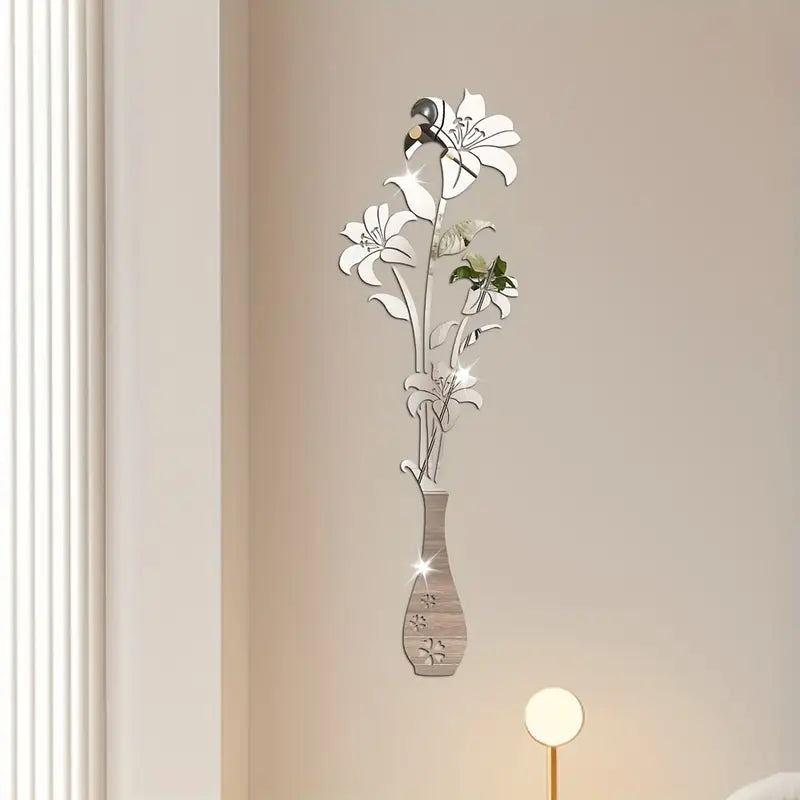 Acrylic Mirror Wall Sticker with Vintage Lily Flower & Glitter Design