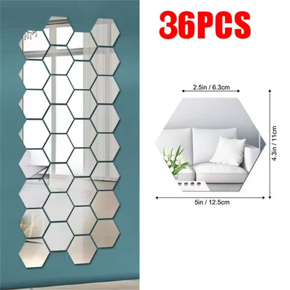 36pcs, Silvery hexagonal 3D Mirror Wall Art