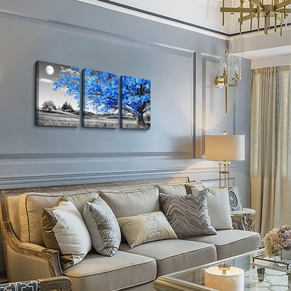 Wall Art For Living Room | Black & White Blue Tree Moon Canvas 12" x 16" 3 Pieces