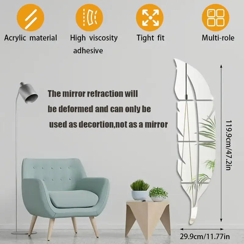 Feather Mirror Wall Sticker | 3D Acrylic Decorative Mirror with Glossy Finish