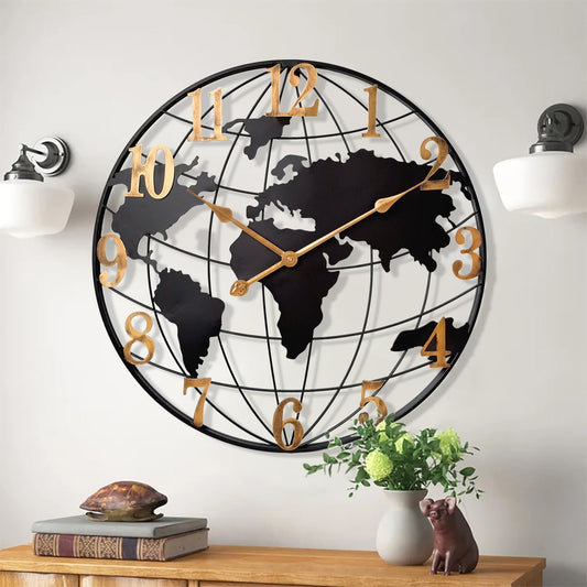 Large World Map Metal Wall Clock