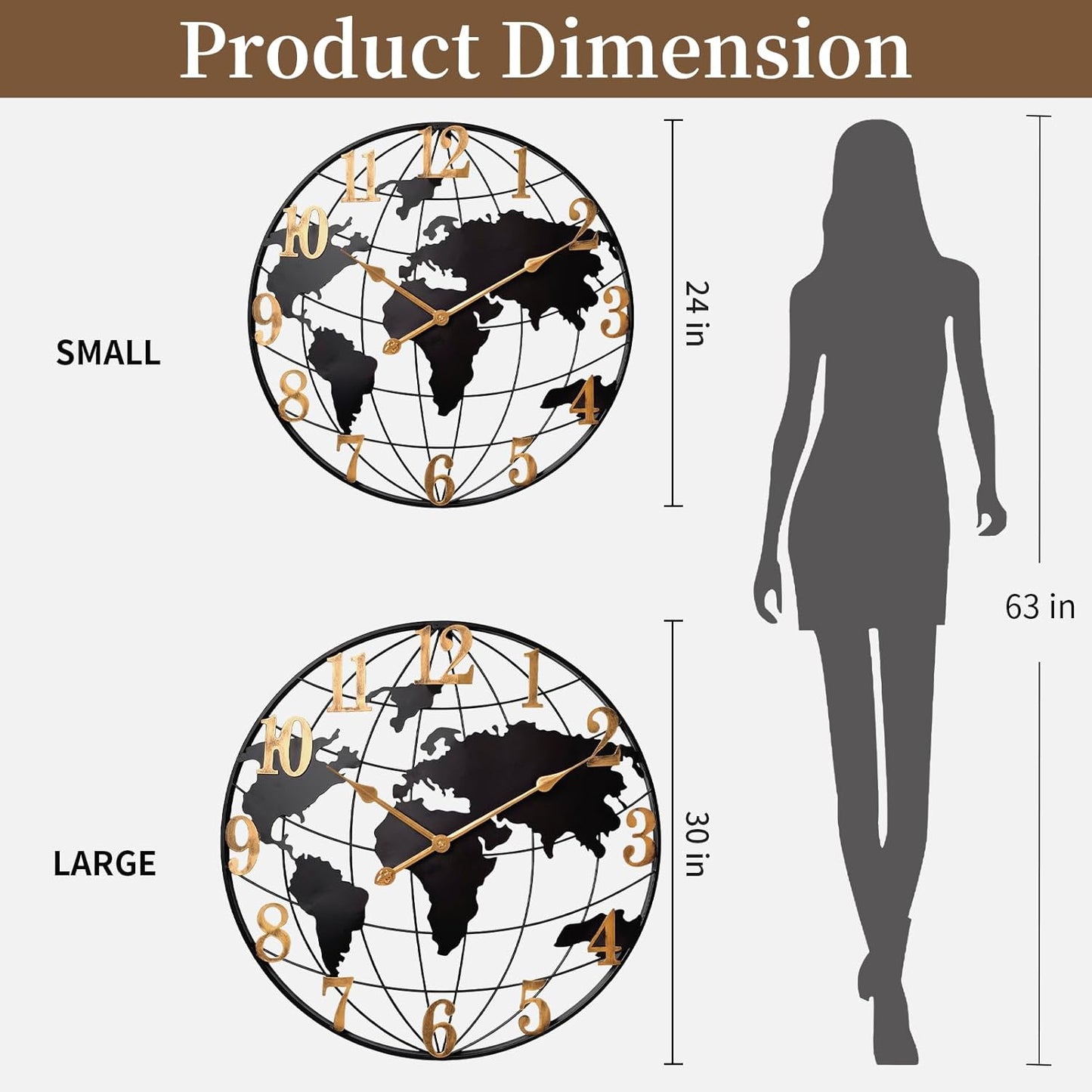 Large World Map Metal Wall Clock