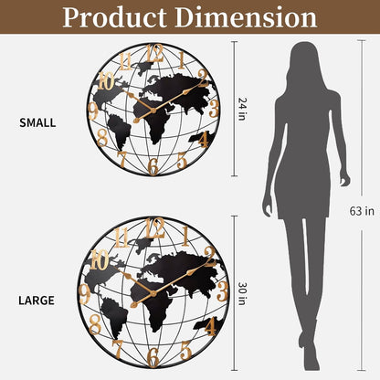 Large World Map Metal Wall Clock