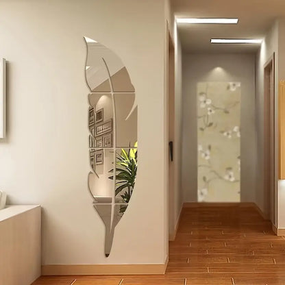 Feather Mirror Wall Sticker | 3D Acrylic Decorative Mirror with Glossy Finish