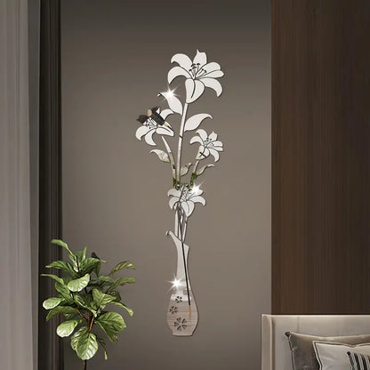 Acrylic Mirror Wall Sticker with Vintage Lily Flower & Glitter Design