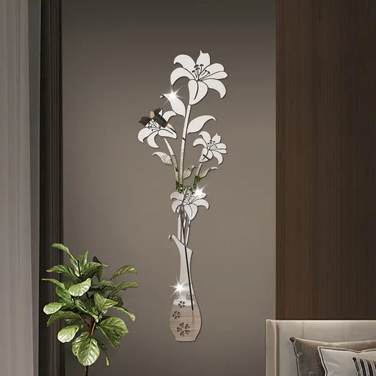 Acrylic Mirror Wall Sticker with Vintage Lily Flower & Glitter Design