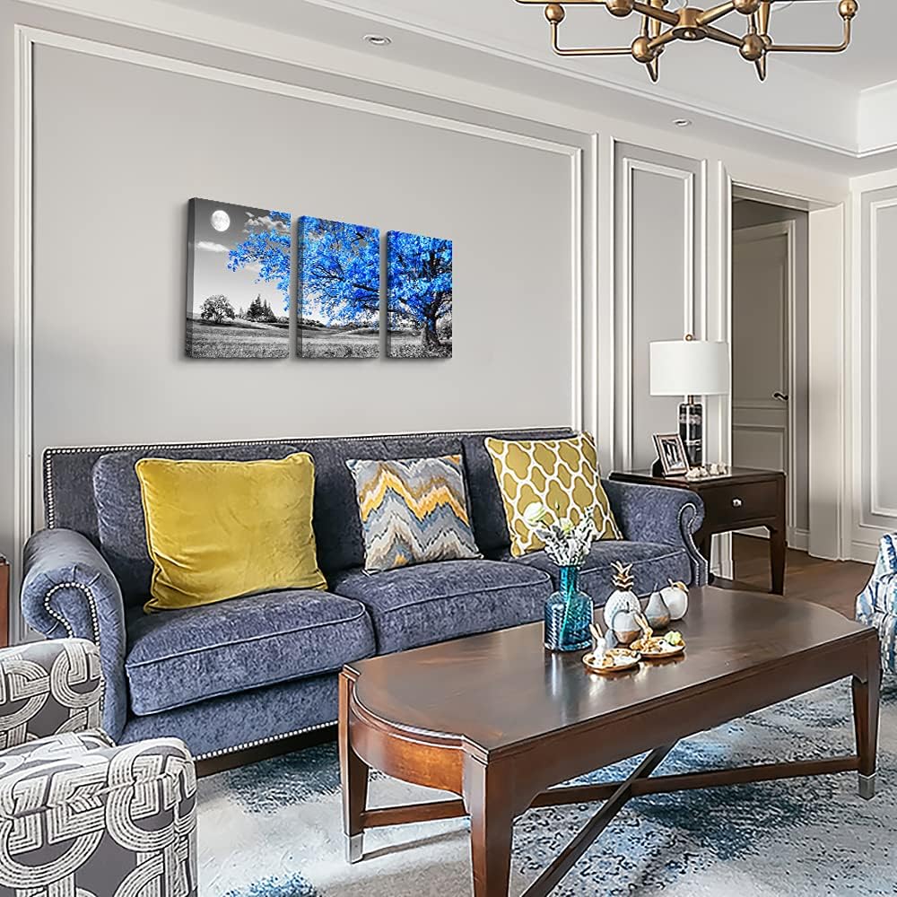 Wall Art For Living Room | Black & White Blue Tree Moon Canvas 12" x 16" 3 Pieces