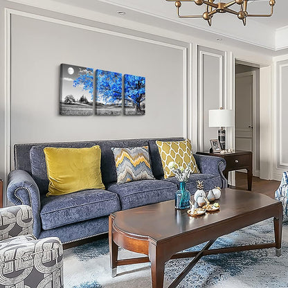 Wall Art For Living Room | Black & White Blue Tree Moon Canvas 12" x 16" 3 Pieces