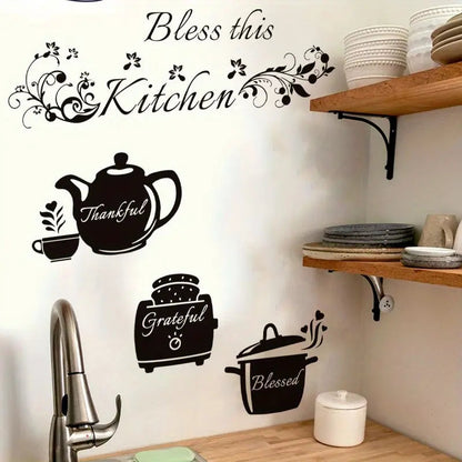 Bless This Kitchen - Cooker, Teapot - Beautiful Kitchen Wall Decal - Best For Home & Restaurant
