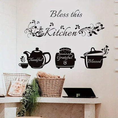 Bless This Kitchen - Cooker, Teapot - Beautiful Kitchen Wall Decal - Best For Home & Restaurant