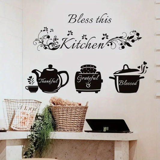 Bless This Kitchen - Cooker, Teapot - Beautiful Kitchen Wall Decal - Best For Home & Restaurant
