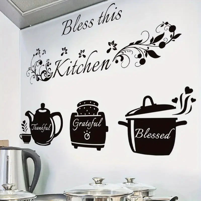 Bless This Kitchen - Cooker, Teapot - Beautiful Kitchen Wall Decal - Best For Home & Restaurant