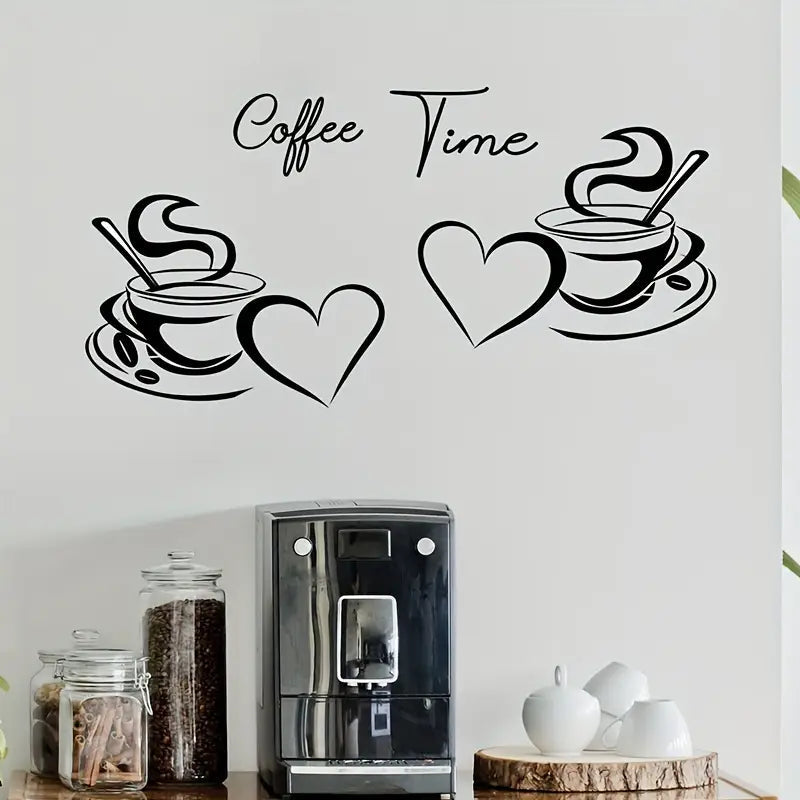 Coffee Time - Coffee Cups With Love & Heart - Kitchen Wall Decal