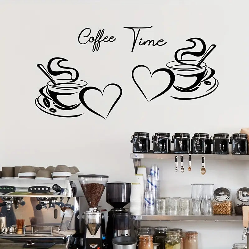 Coffee Time - Coffee Cups With Love & Heart - Kitchen Wall Decal