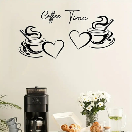 Coffee Time - Coffee Cups With Love & Heart - Kitchen Wall Decal