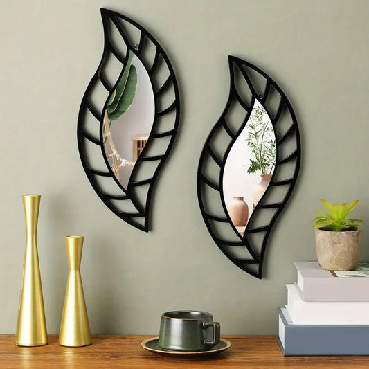 2pcs Black Leaf-Shaped Tear-Drop Wall Mirrors