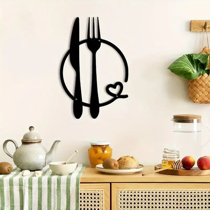 Fork and Knife Wall Art with Heart Accent - Kitchen Wall Decor