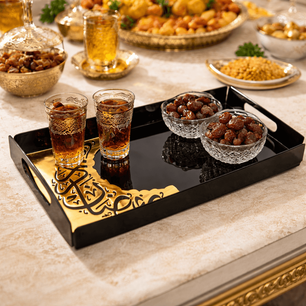 Golden Black Ramadan Karim Tray tabletop decor for dining table and family gatherings