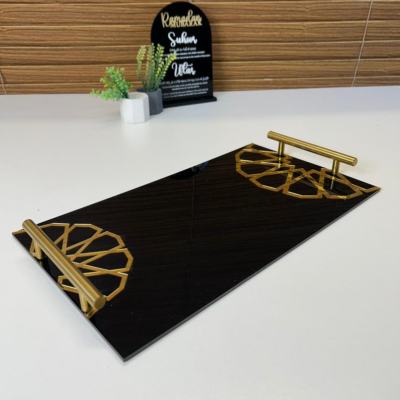 Black Acrylic Serving Tray with Gold Handles for Iftar & Eid Decor