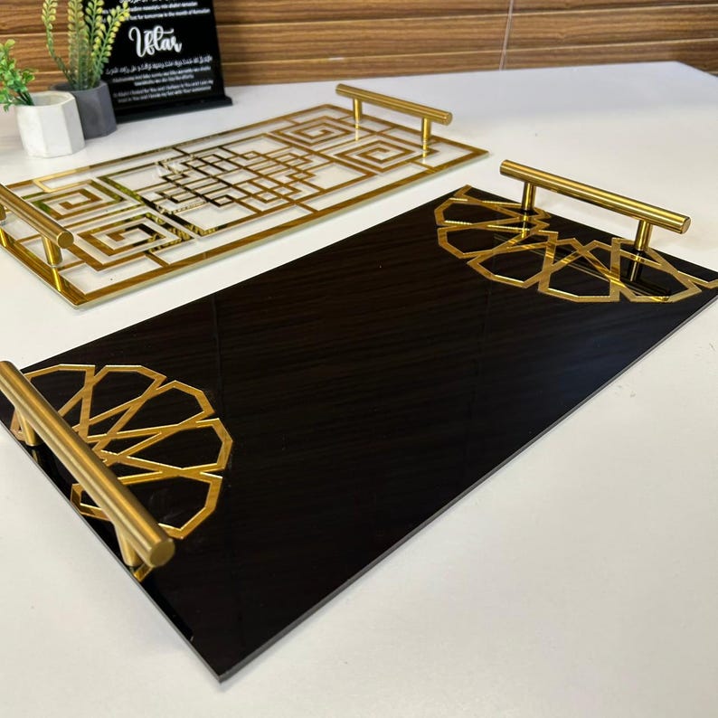 Black Acrylic Serving Tray with Gold Handles for Iftar & Eid Decor