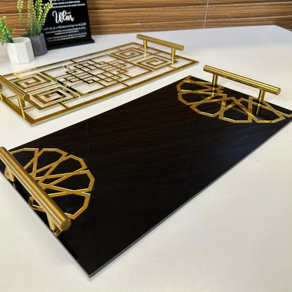Black Acrylic Serving Tray with Gold Handles for Iftar & Eid Decor