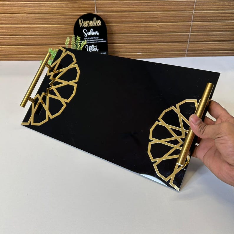 Black Acrylic Serving Tray with Gold Handles for Iftar & Eid Decor