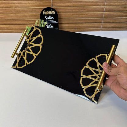 Black Acrylic Serving Tray with Gold Handles for Iftar & Eid Decor