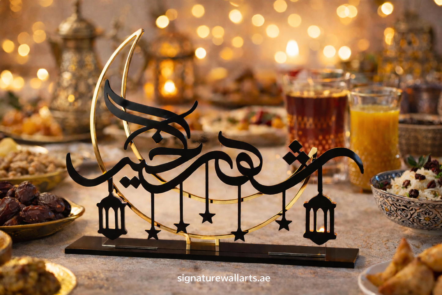 Luxury black and gold acrylic Shahrul Khair Ramadan table decor with crescent moon and hanging lantern design for Ramadan home decoration