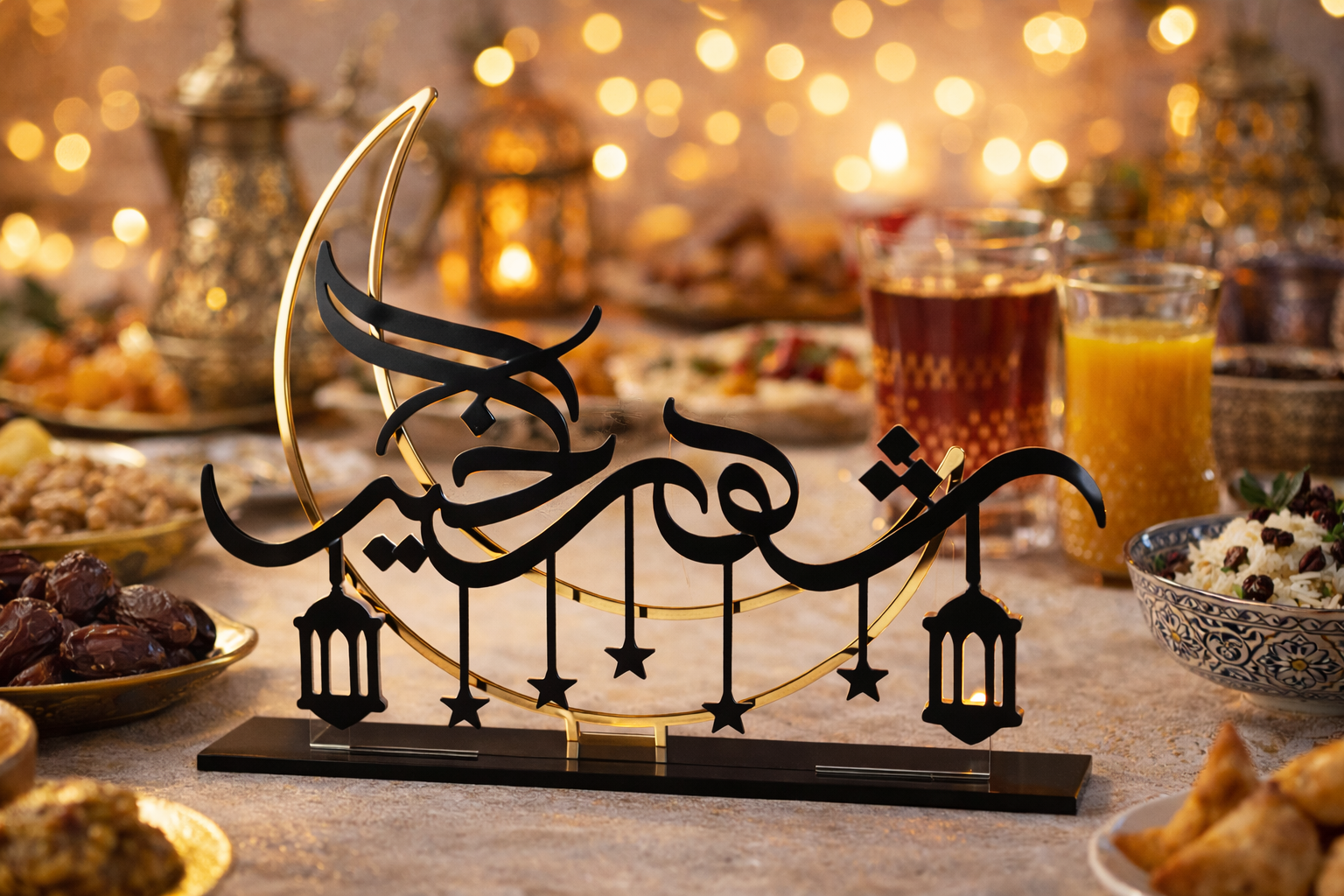 Luxury black and gold acrylic Shahrul Khair Ramadan table decor with crescent moon and hanging lantern design for Ramadan home decoration