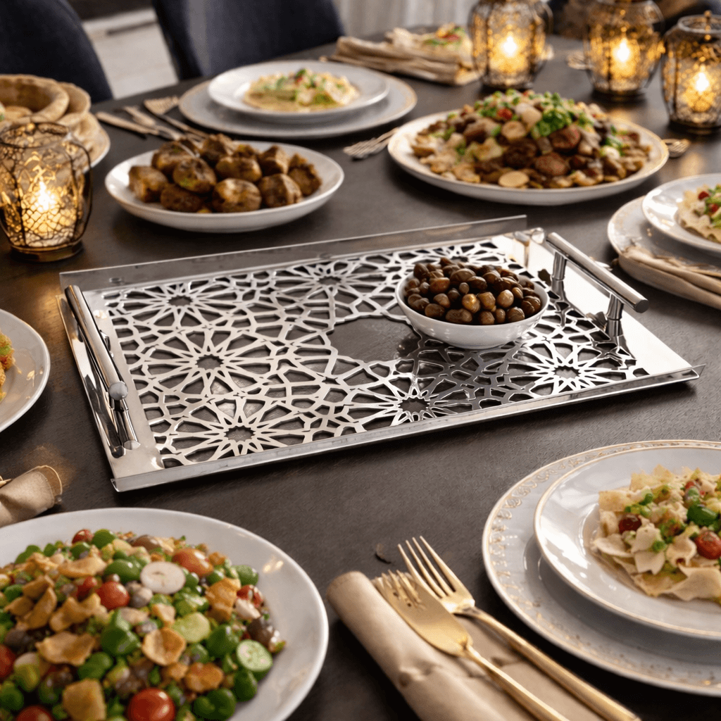 Sultané Edge Tray in gold with metal handles on dining table