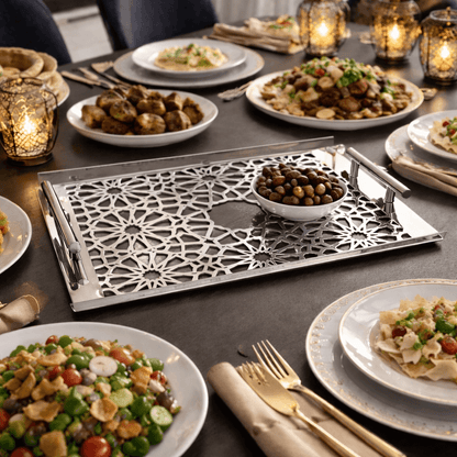 Sultané Edge Tray in gold with metal handles on dining table