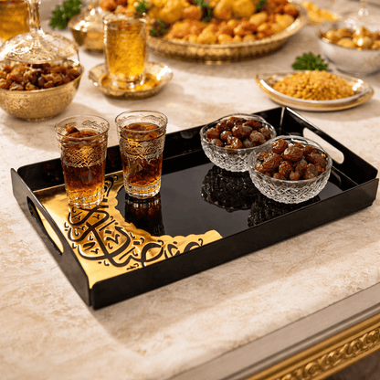Premium luxury Ramadan serving tray with golden accents on black base