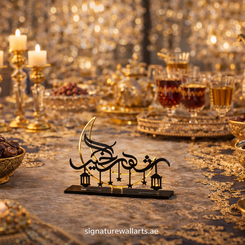 Ramadan table centerpiece decor in black gold acrylic with Arabic calligraphy, stars and lantern details