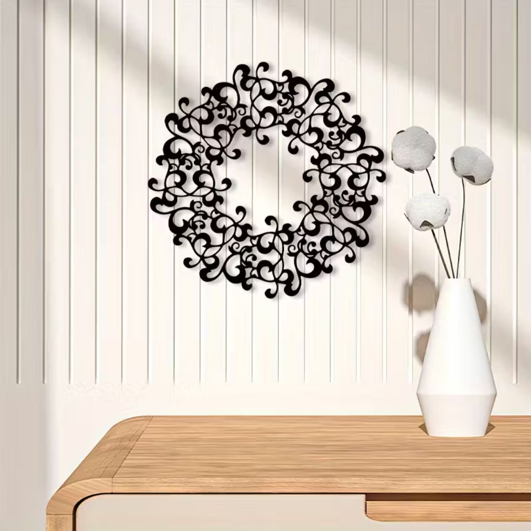 Elegant Black Floral Wreath Wall Decor - Vintage Acrylic Hanging Decoration