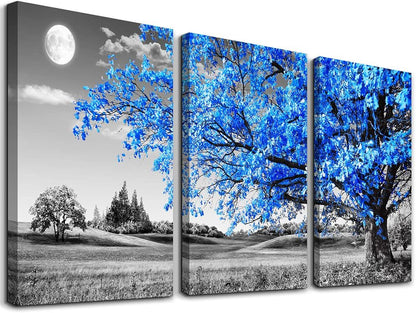 Wall Art For Living Room | Black & White Blue Tree Moon Canvas 12" x 16" 3 Pieces