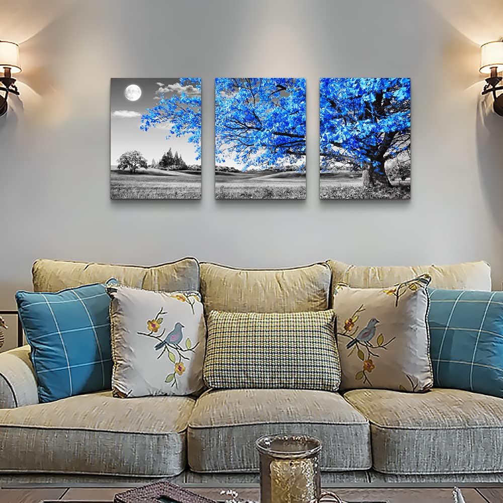 Wall Art For Living Room | Black & White Blue Tree Moon Canvas 12" x 16" 3 Pieces