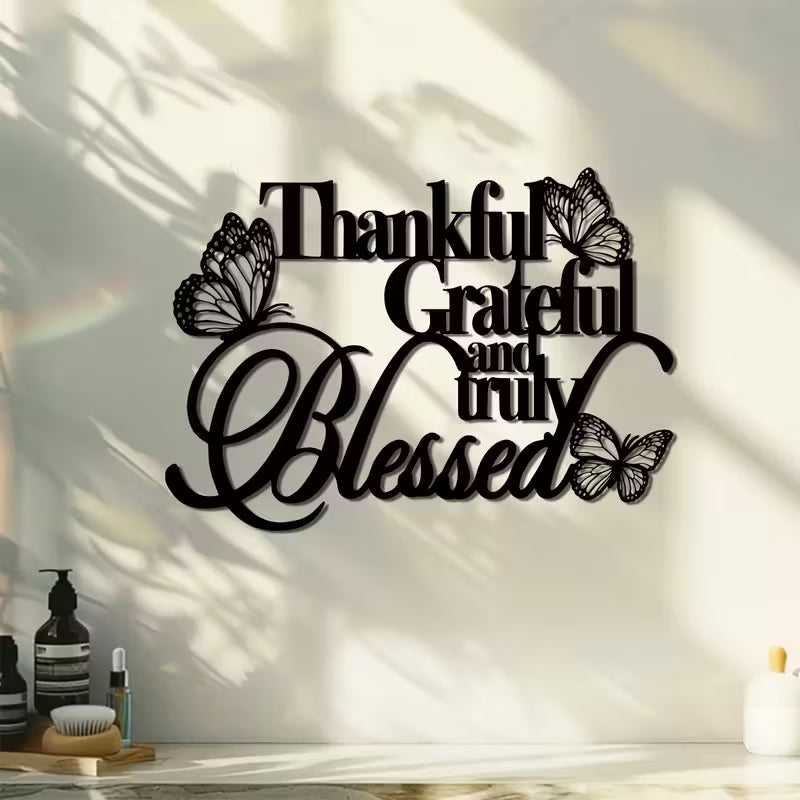 Butterfly and Floral Design Acrylic Wall Hanging Thankful Grateful Blessed Home Decor UAE