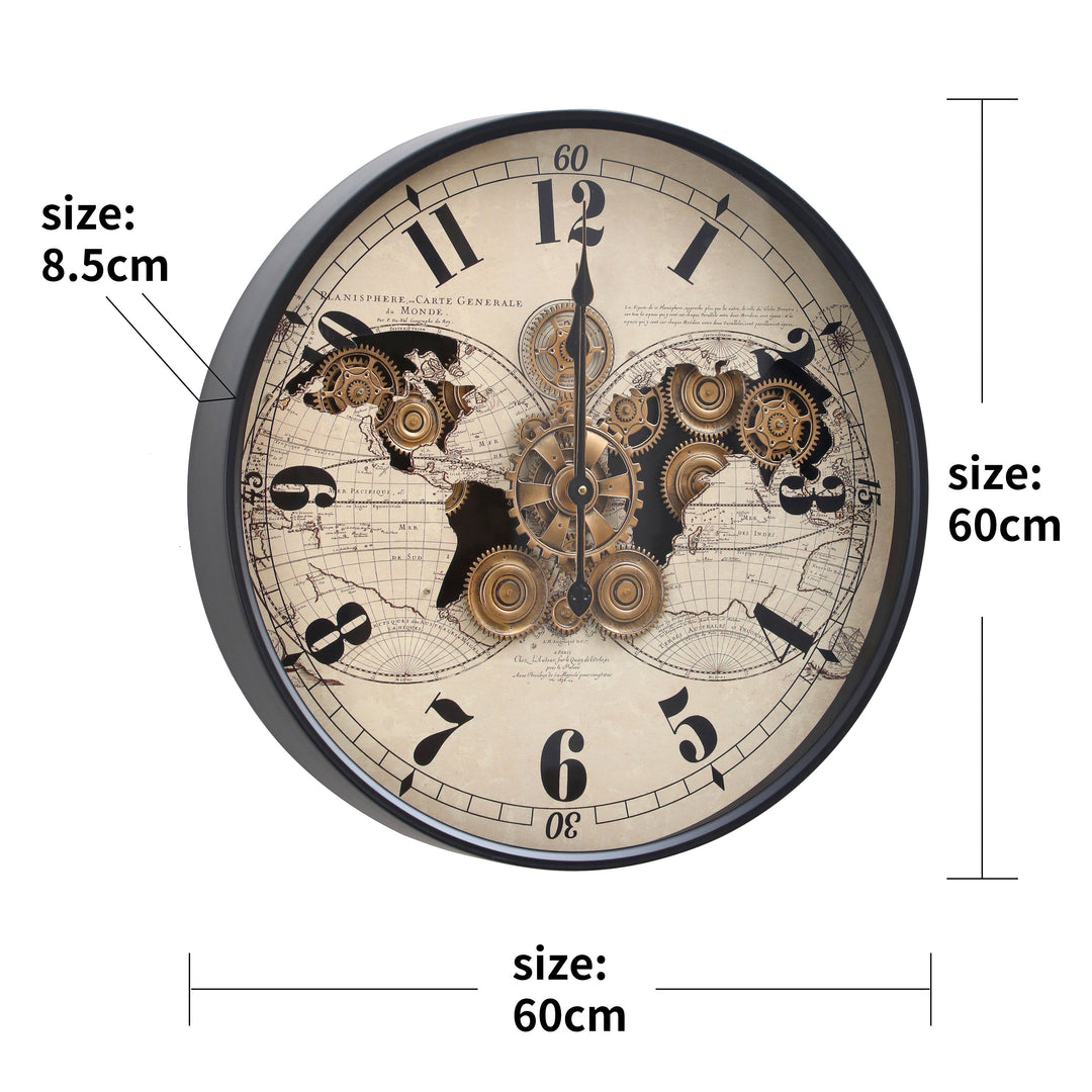 Vasco Map Industrial Metal Moving Gears Wall Clock