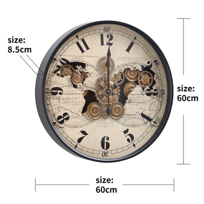 Vasco Map Industrial Metal Moving Gears Wall Clock